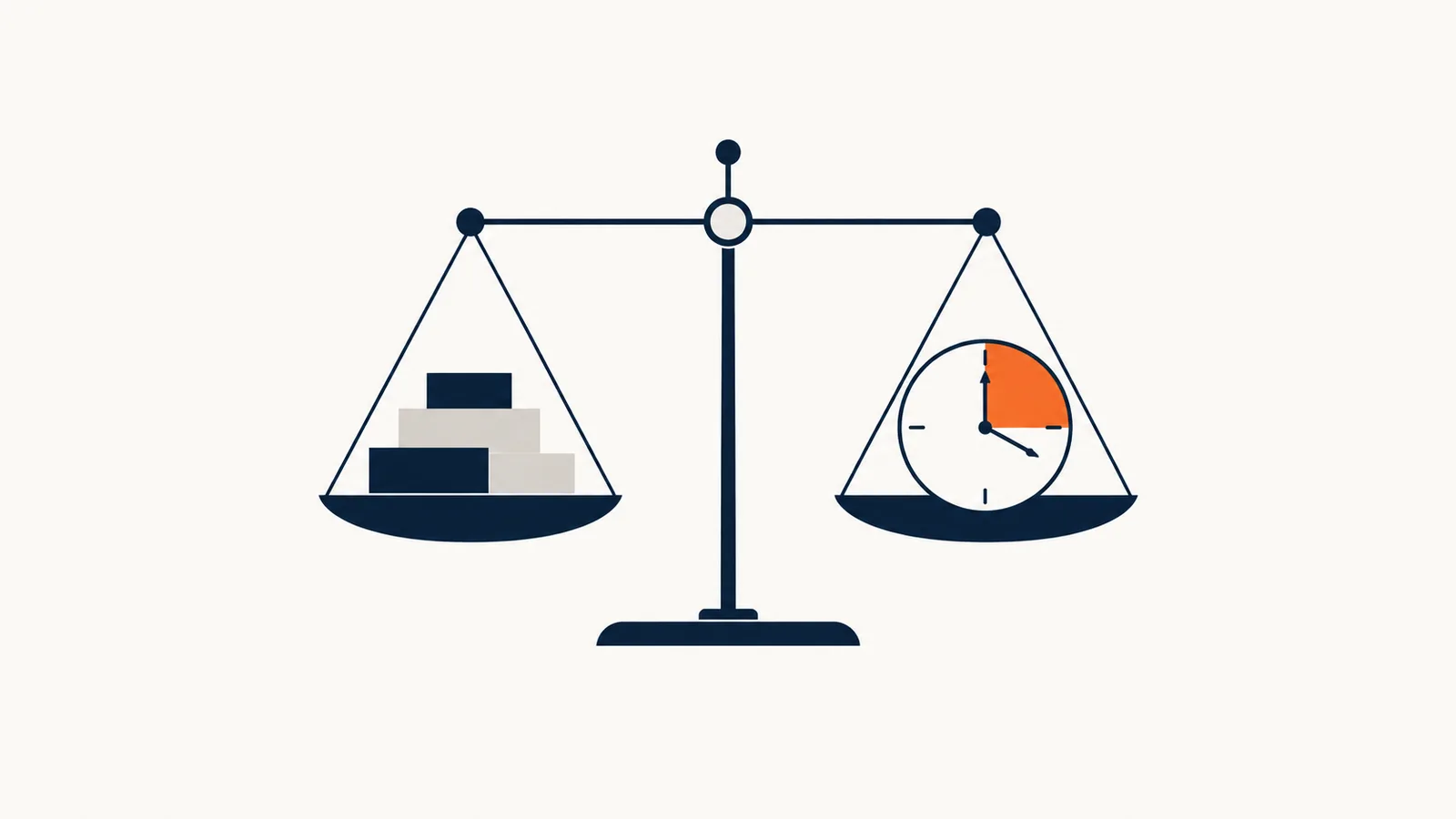 Balance comparant des blocs de coûts et une horloge dont un quartier est orange