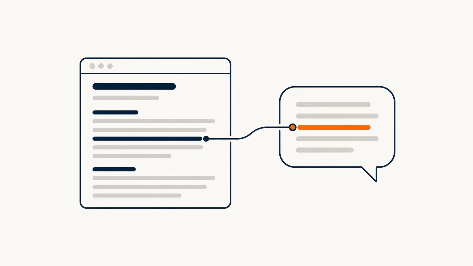 Page web reliée par un trait à une ligne orange dans une bulle de réponse