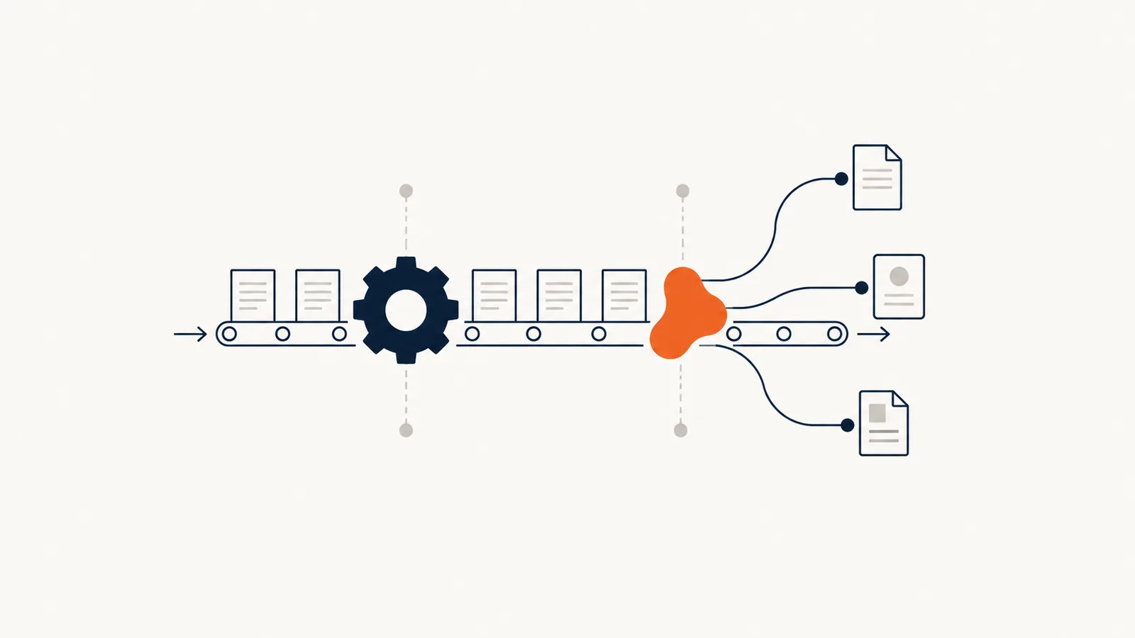 Line of documents passing through a gear, then through a soft orange shape that sorts them